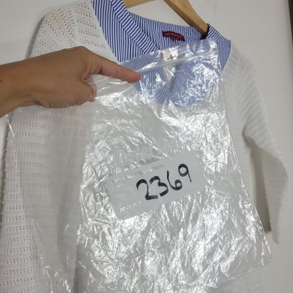 San Francisco White Crocheted Blue Striped Blouse 3/4 Sleeve Cotton Blend Sz XS - Picture 9 of 9